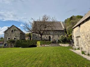 an old stone house with a tree in the yard at Saunu dvor - Saunus court in Tolminski Lom