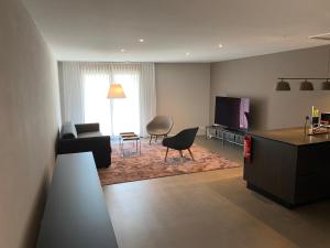 a living room with a couch and a television at Modern City Apartments in Interlaken