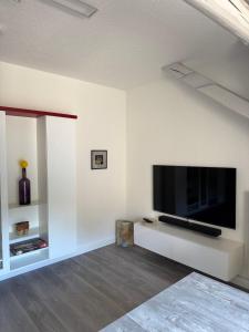 a living room with a flat screen tv on a wall at Brauhaus Suite 20 in Sebnitz