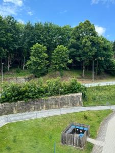 an overhead view of a park with trees and a road at Brauhaus Suite 20 in Sebnitz