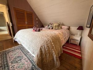 a bedroom with a bed and a rug at Loch Ness village cottage for 2 with free parking & pets welcome in Drumnadrochit