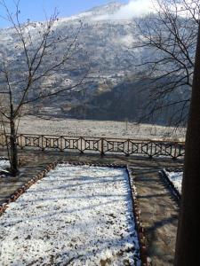 a snow covered path with a mountain in the background at Wildwood Cabins Manali in Kulu