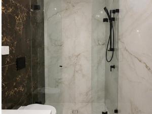 a bathroom with a glass shower with a toilet at Modern Private Granny Flat Free Parking in Riverstone