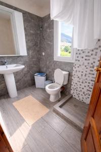 a bathroom with a toilet and a sink and a window at Dagos Rooms in Dhërmi