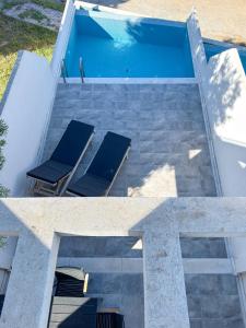 two views of a swimming pool with two lounge chairs at Villas Kaiafa “Ismini” in Polychrono
