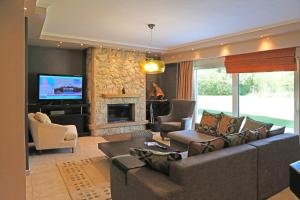 a living room with a couch and a fireplace at Luxury Heaven farm one in Kastoria