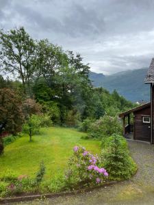 a view of a yard with a house and flowers at 2 bedroom apartment with beautiful view in Sauda