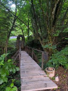 a wooden bridge in the middle of a forest at Brunarica Marička in Idrijska Bela +2 photos