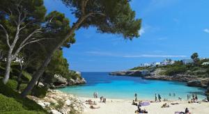 a group of people on a beach near the ocean at Residencia Santiago Mallorca in Cala Figuera