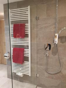 a shower with red towels in a bathroom at Haus Margret in Stummerberg +57 photos