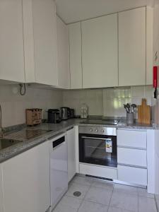 a kitchen with white cabinets and an oven at Garça-Real 2 in Vale de Madeiros