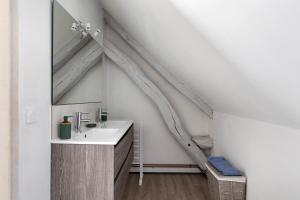 a bathroom with a sink and a mirror at Gîte Le Rabelais in Thésée +23 photos