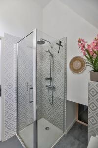 a shower with a glass door in a bathroom at Gîte du Merlin in Plumergat +15 photos