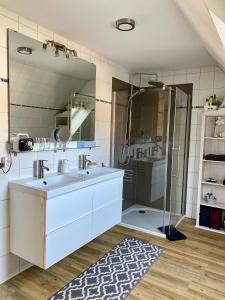 a bathroom with a sink and a shower at HausJensen in Niebüll +6 photos