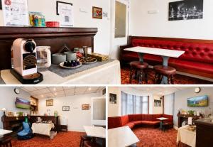 a restaurant with a red couch and a table at Cadeby Lodge in Blackpool