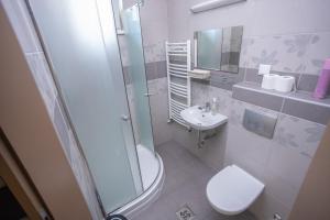 a bathroom with a toilet and a sink and a shower at Fürdőkerti Ifjúsági Szálló in Hajdúböszörmény +24 photos