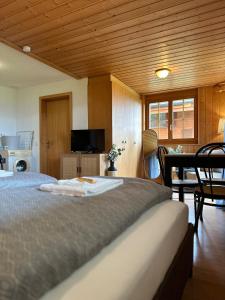 a bedroom with a bed with a table and a television at CapoBnB, Montainview, Terrace in Aeschi bei Spiez