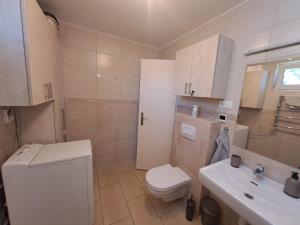 a white bathroom with a toilet and a sink at Boróka Vendégház Gerjen in Gerjen