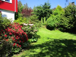 a green yard with flowers and a red house at Haus Rehblick Saig in Lenzkirch +9 photos