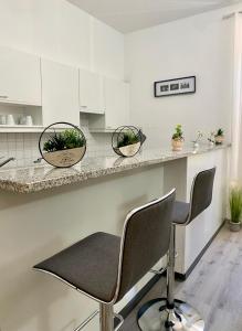a kitchen with two chairs and a counter with plants at Montebello in Bellinzona