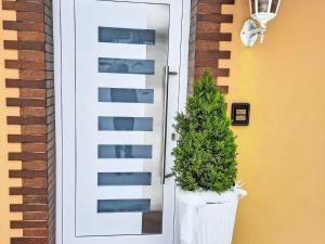 a door with a potted plant next to a house at Apartment Panoramablick Rhön by Interhome in Sandberg