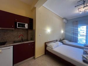 a small room with a bed and a kitchen with a sink at Armonia Studio in Paralia Katerinis