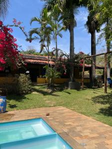 a swimming pool in front of a house with palm trees at Rancho Dias Mágicos in Uberlândia