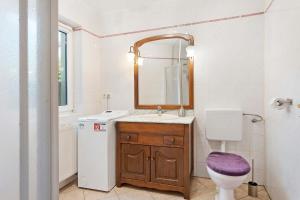a bathroom with a sink and a toilet and a mirror at Ferienwohnung sehr ruhig in Pößneck +16 photos