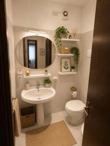 a bathroom with a sink and a toilet and a mirror at Frenk house over Varenna in Perledo