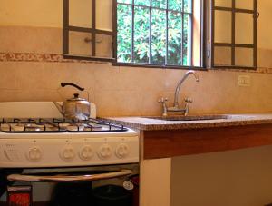 a kitchen with a stove and a sink at Cabañas Estancia Balumba in Capilla del Monte +16 photos