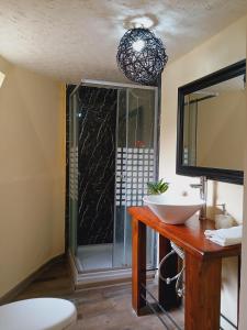 a bathroom with a sink and a glass shower at Domos Blackdomes in Las Trancas +23 photos