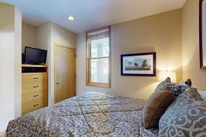 a bedroom with a bed and a window and a television at River Bank Lodge 2919 in Keystone