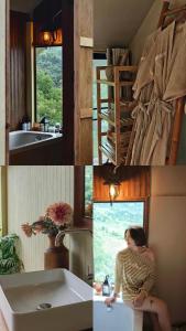 a collage of photos of a woman sitting on a sink at U Garden in Ban Huai Khai