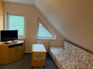 a living room with a couch and a flat screen tv at Apartman Nina in Kvačany