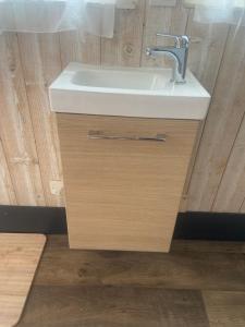 a bathroom with a white sink and a wooden floor at Le wagon roulotte in Thorigny-sur-Marne +14 photos