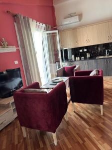 a living room with chairs and a table and a tv at Guest House Elisabeta in Përmet +14 photos