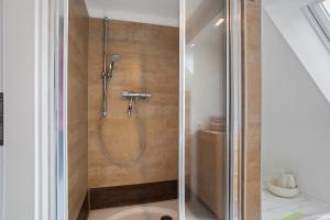 a bathroom with a shower with a glass door at Ferienwohnung 1 in Gribow