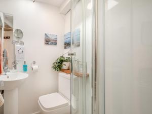 a bathroom with a shower and a toilet and a sink at Apostles Back House - Uk37313 in Lochranza +3 photos