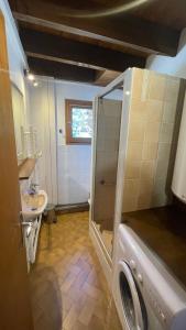 a bathroom with a shower and a washing machine at Chalet Rec Fred in Matemale