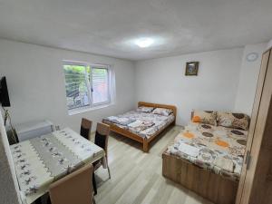 a room with two beds and a table and chairs at Villa BITKOSKI Pestani in Peštani