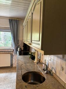 a kitchen counter with a sink and a window at Meisehof in Buchholz Aller
