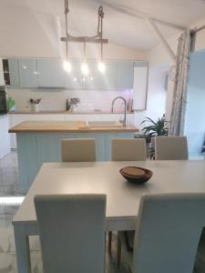 a kitchen with a table with chairs and a sink at casa leia in Porto Nobre