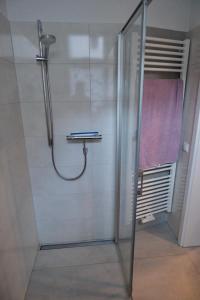 a shower with a glass door in a bathroom at Ingrid in Schwarzatal