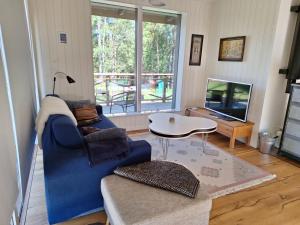a living room with a blue couch and a tv at Guesthouse in Gustavsberg