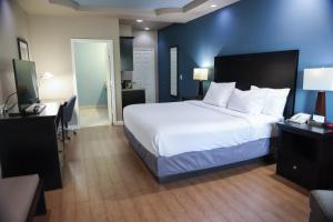 a bedroom with a large white bed and a desk at Black Gold Inn in Yoakum +12 photos