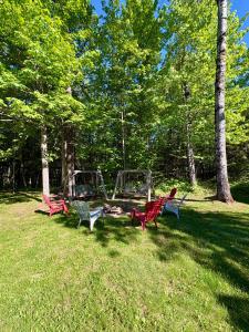 a group of park benches sitting in a field at Creekside Chalet - Huge Indoor Spa in Bessemer