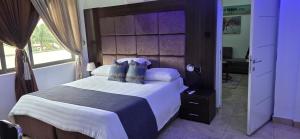 a bedroom with a large bed with pillows at Axis Luxury 1 bedroom Studio Apartment in Abuja