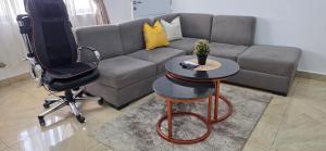 a living room with a couch and a chair and a table at Axis Luxury 1 bedroom Studio Apartment in Abuja