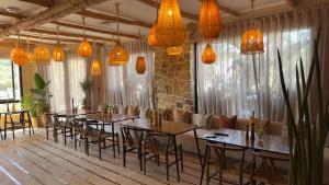 a row of tables and chairs in a restaurant with lights at Palm Surf & Spa Hotel in Agadir