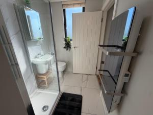 a bathroom with a sink and a toilet and a mirror at Escape to Willow Wharf - A Luxury Thames Houseboat in Chertsey